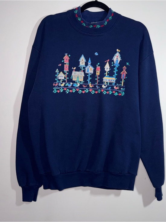morning sun Tops - Vintage Morning Sun Birdhouse Sweatshirt Navy Mock Neck USA Womens L Bird Print
